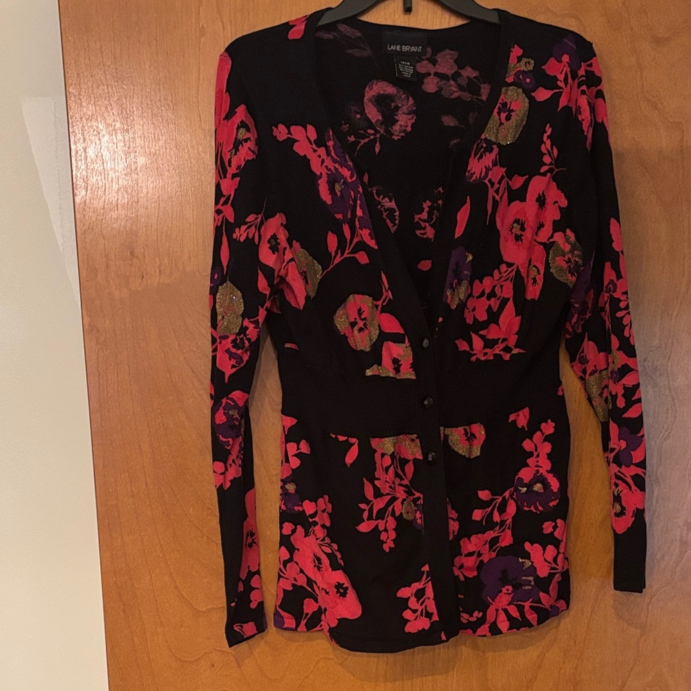 Lane Bryant Black and Red Floral Button Down Shirt